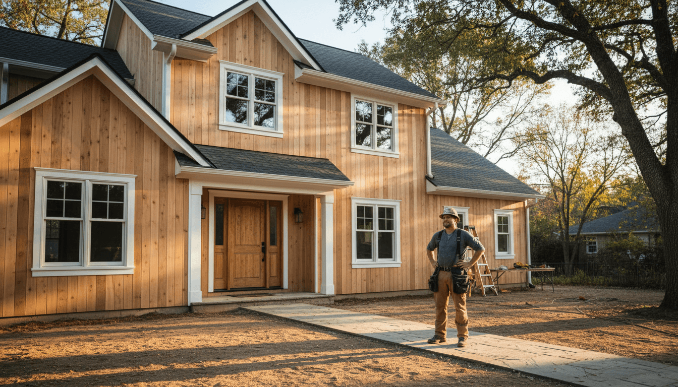Professional exterior craftsman inspecting completed home exterior work in Fillmore