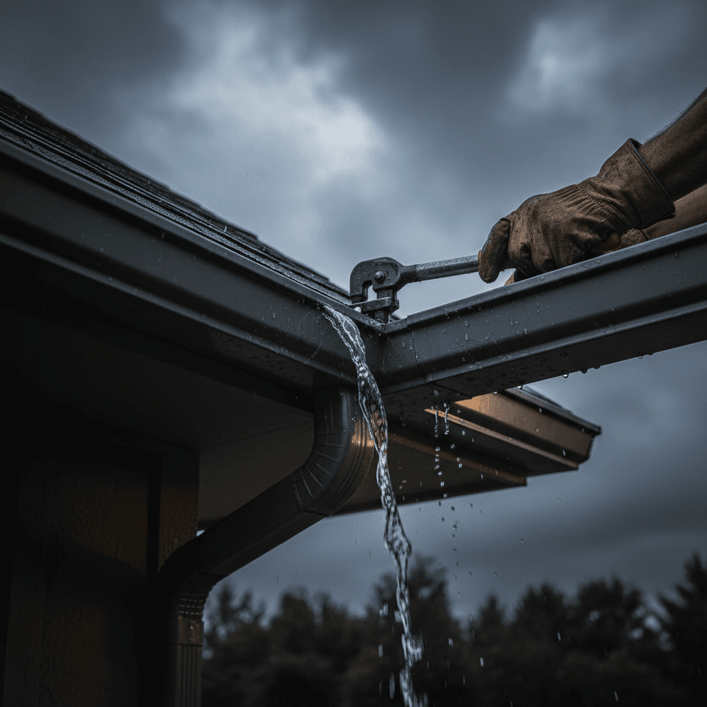 Professional gutter installation with water flow