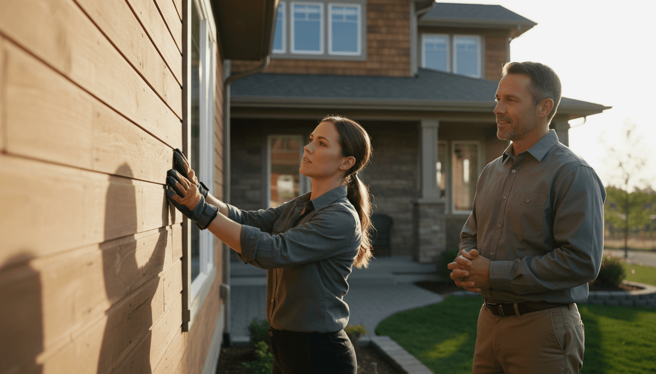 Professional exterior contractor inspecting residential siding